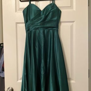 Emerald green satin prom dress